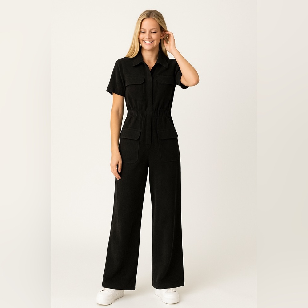 PrettyLittleThing Black Utility Short Sleeve Straight-Leg Jumpsuit | Size 0